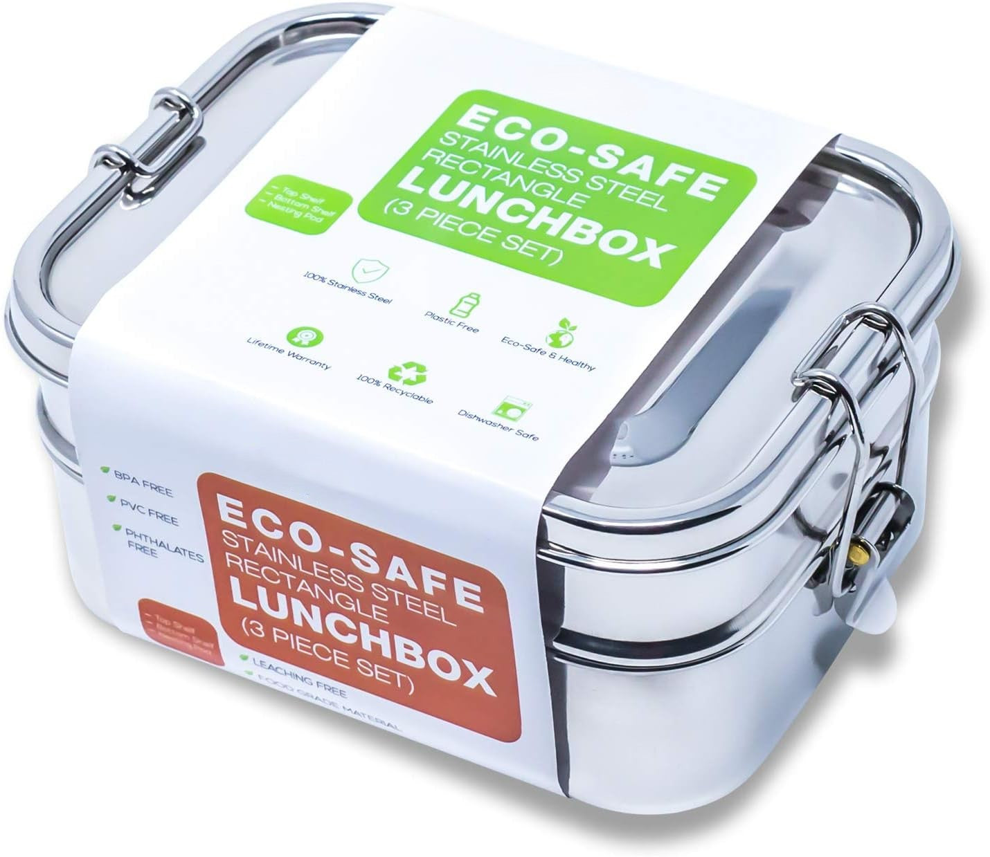 Stainless Steel Lunch Box, Leak Proof, 2 Tier Rectangle with Bonus Pod - Eco Trade Company