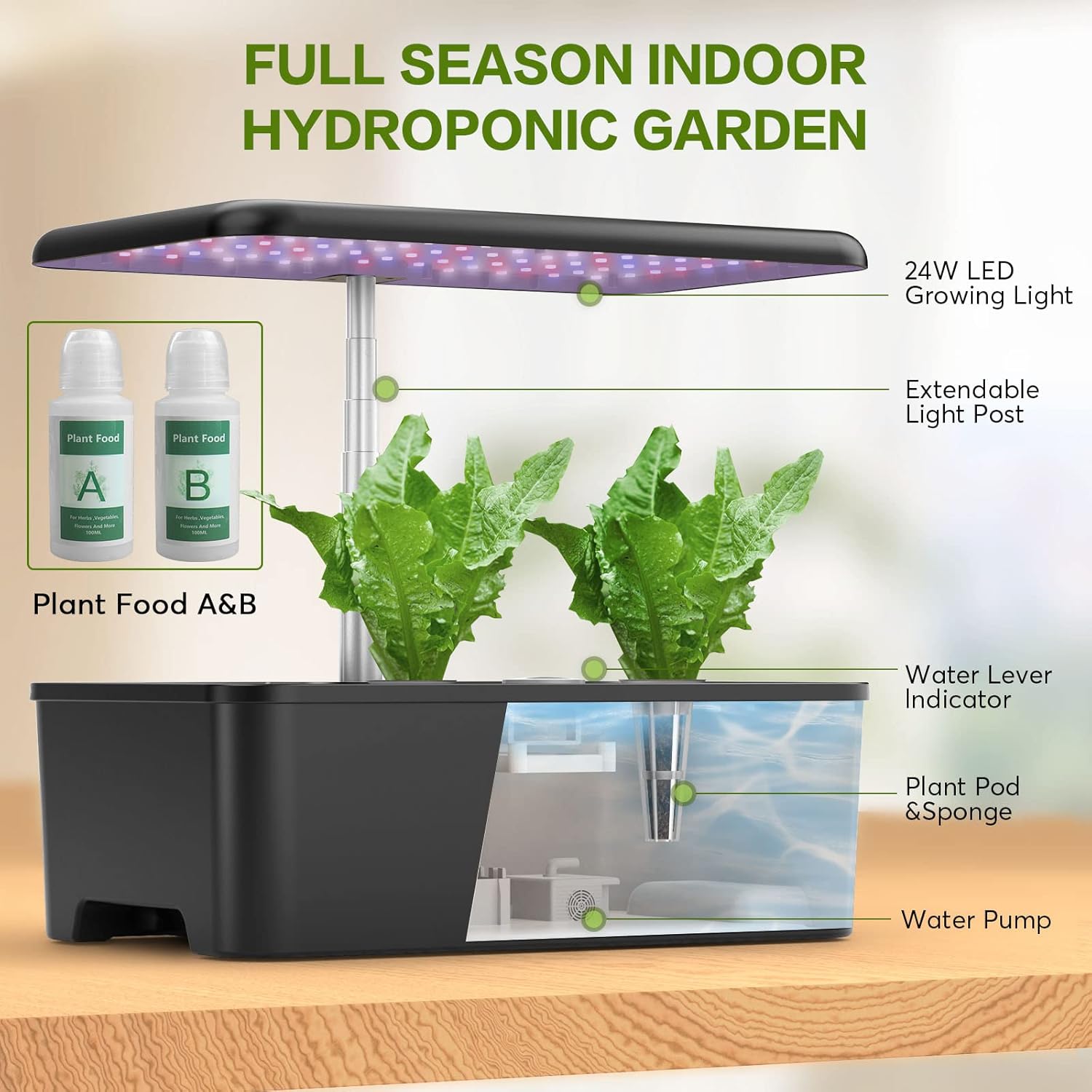 12 Pods Hydroponics Growing System, Indoor Garden with LED Grow Light