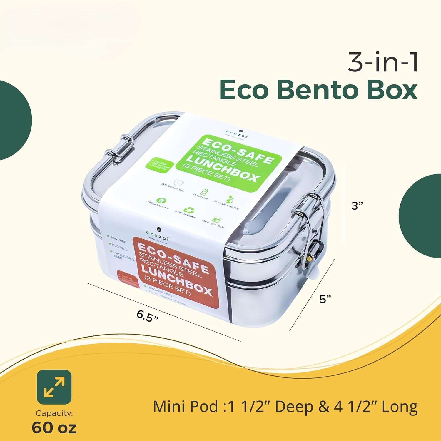 Stainless Steel Lunch Box, Leak Proof, 2 Tier Rectangle with Bonus Pod - Eco Trade Company
