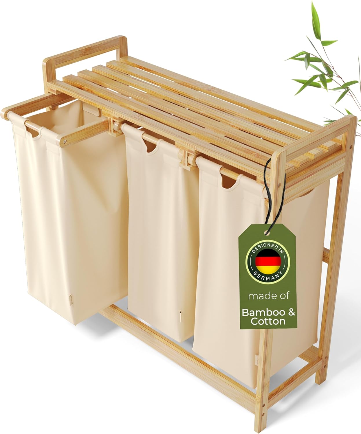 3-4 Laundry Sorter โ Removable Cotton Bags, Eco-Friendly Bamboo, Stylish Design