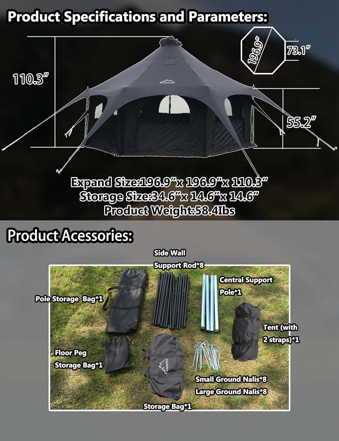 Cotton Canvas Tent Bell - Breathable and Windproof Family Camping Tents Glamping for 6/8/10 Person