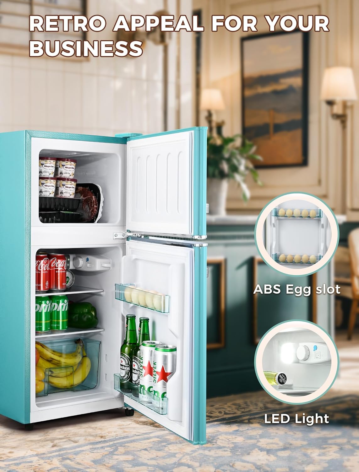Retro 3.2 Cu. Ft. Compact Refrigerator with Freezer – Double Door Design, 7 Temperature Settings, Adjustable Glass Shelves – Perfect for Dorms, Offices & Apartments (Blue) - Eco Trade Company