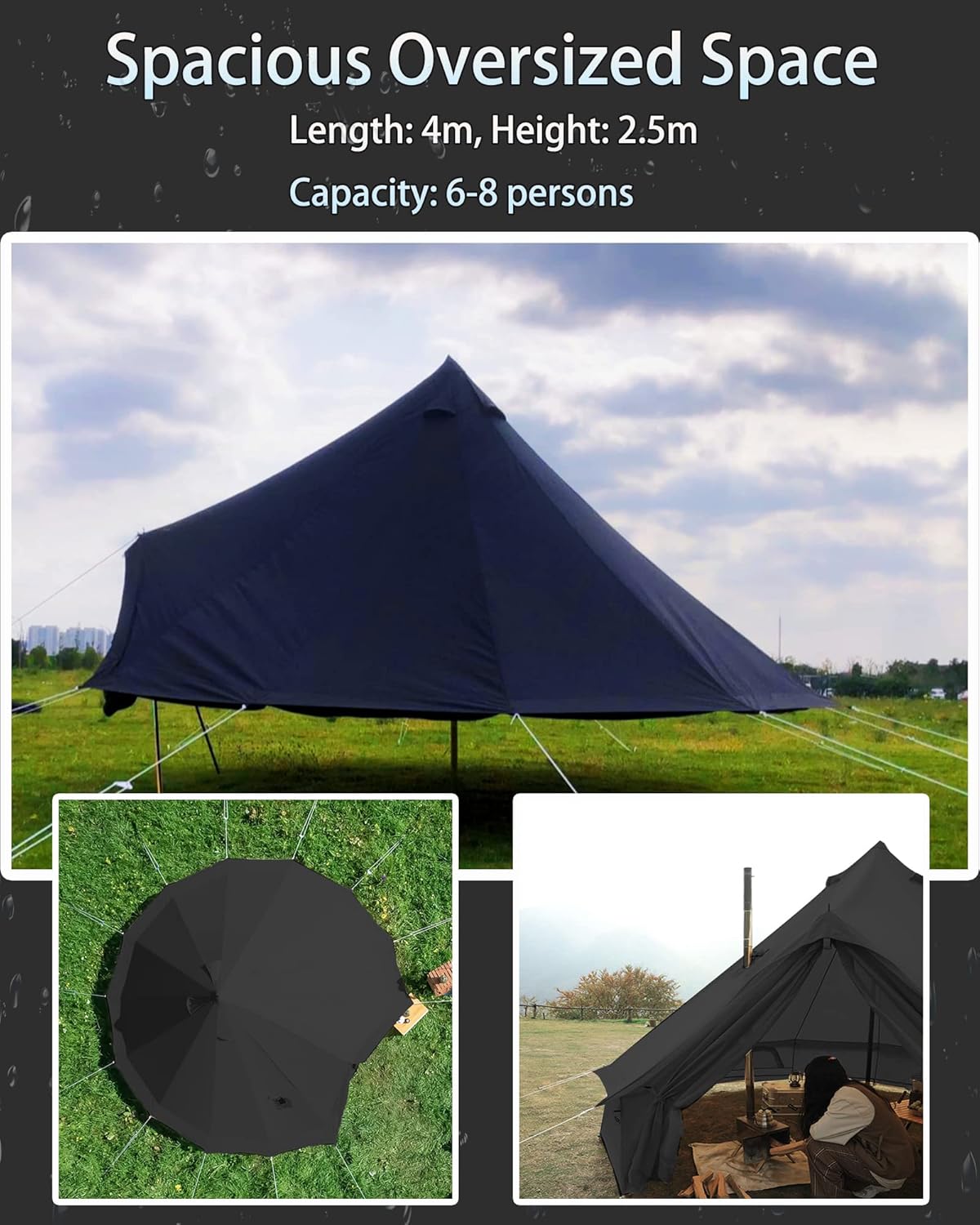 Cotton Canvas Tent Bell - Breathable and Windproof Family Camping Tents Glamping for 6/8/10 Person