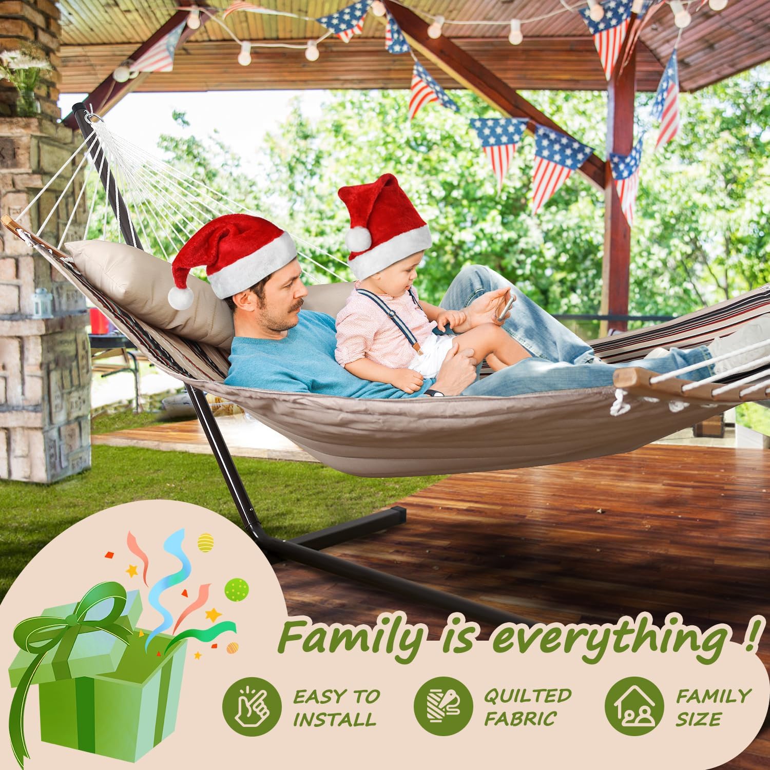 Double Hammock Swing Quilted Fabric, 11 FT Portable Hammocks with Folding Bamboo Spreader Bar & Pillow - Eco Trade Company
