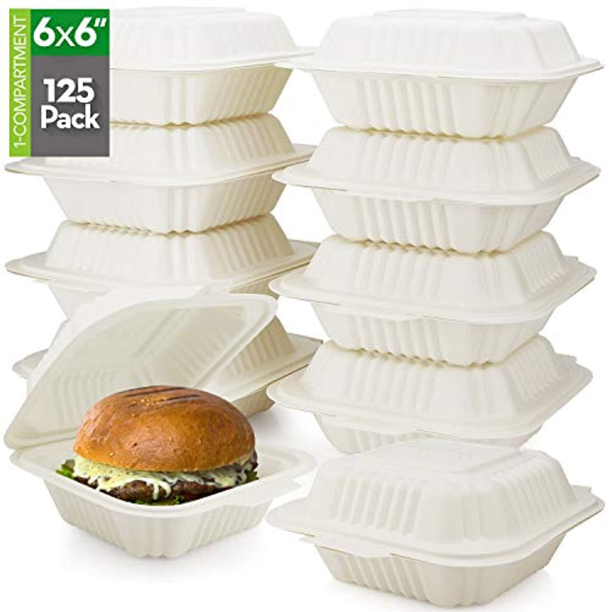 125 Count Eco Friendly Take Out Food Containers, 6" x 6", Non
