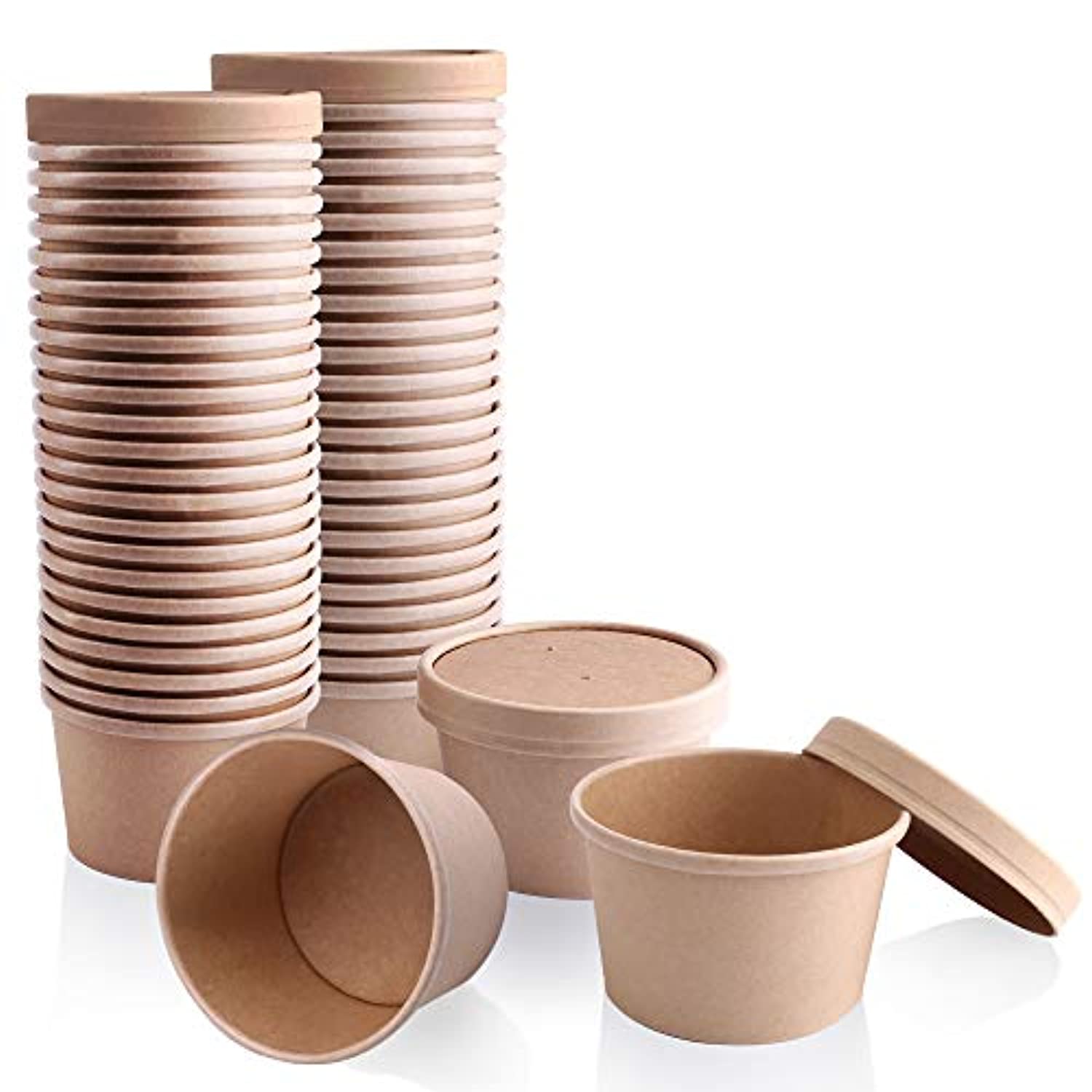 50 Pack, 12 oz Kraft Eco-friendly Compostable Paper Food Cup with Vented Lid, Hot or Cold Dish To Go Packaging, Ramen Soup Stews Salad Container - Eco Trade Company