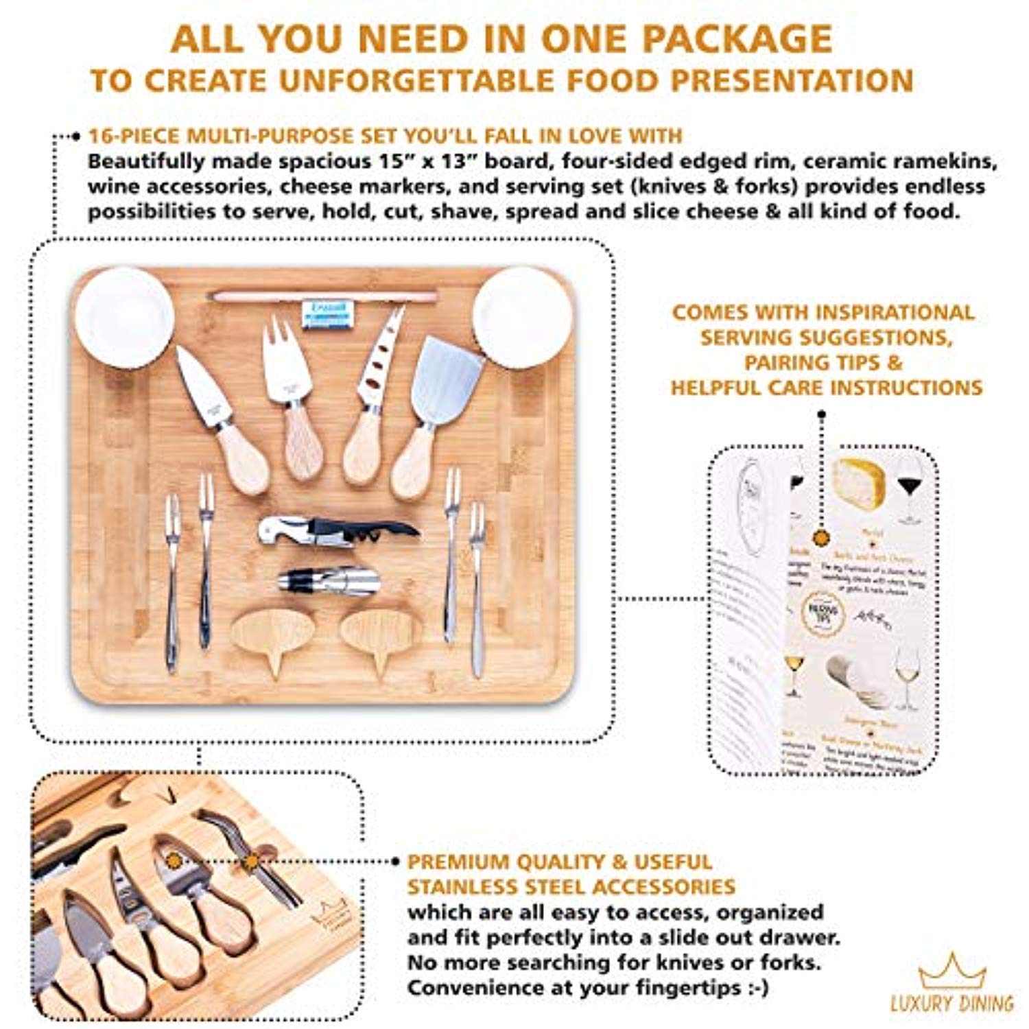 16-piece Cheese Charcuterie Board and Knife Cutlery Set - Organic Bamboo Cutting and Serving Tray - Eco Trade Company