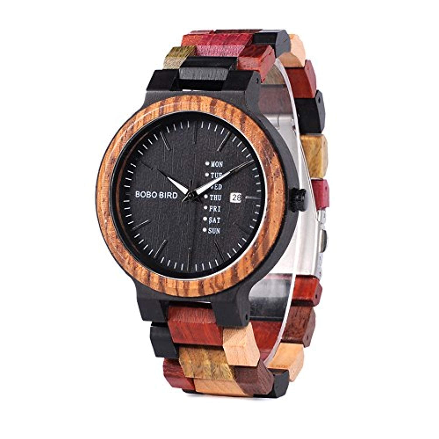 Men's Colorful Wooden Watch, Week Date Display Quartz Watches