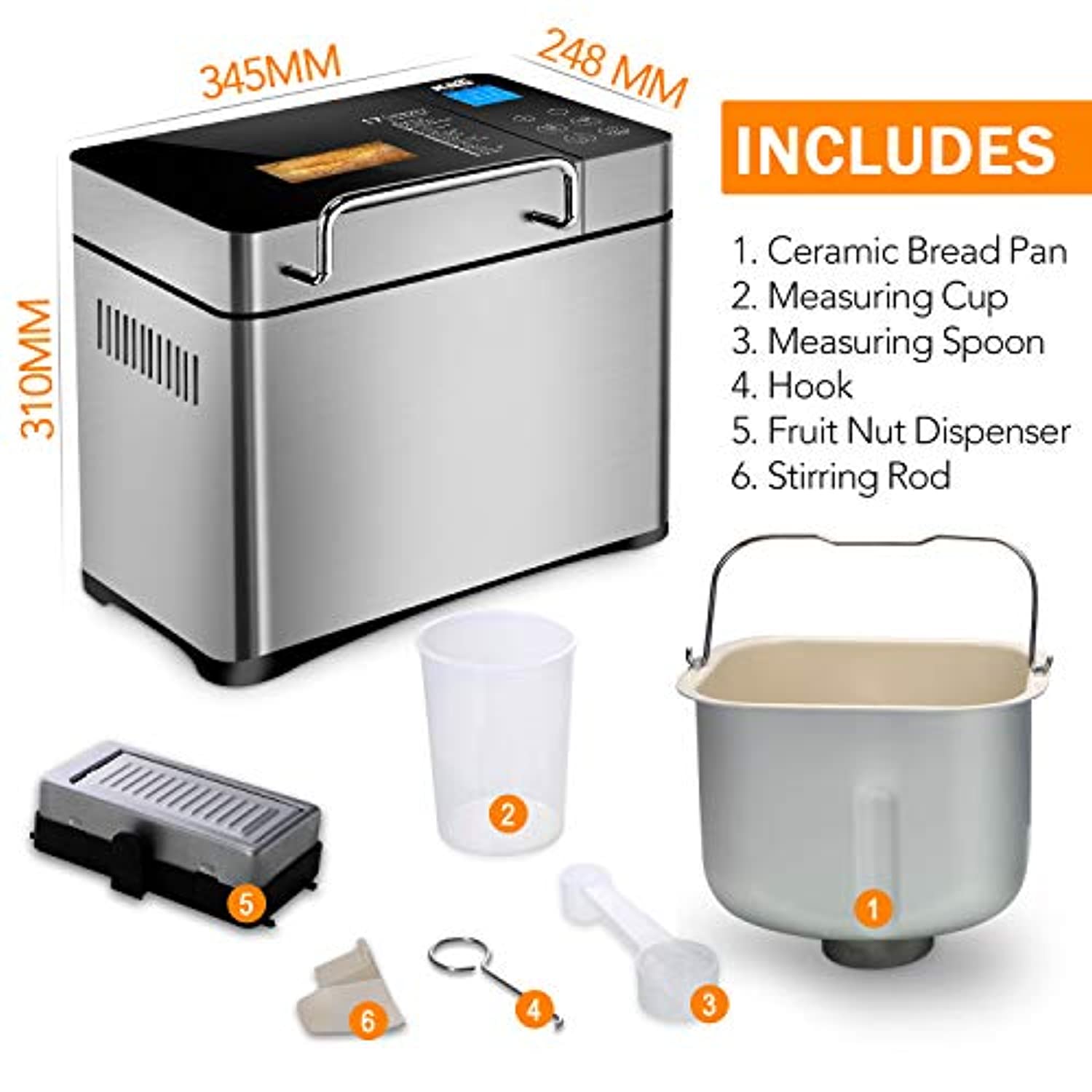 KBS Pro Stainless Steel Bread Machine, 2LB 17-in-1 Programmable XL Bread Maker with Fruit Nut Dispenser - Eco Trade Company