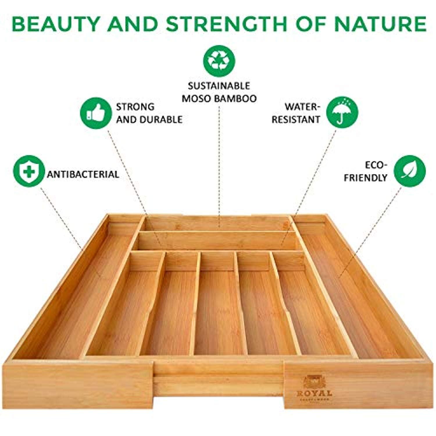 Bamboo Kitchen Drawer Organizer - Utensil Holder and Cutlery Tray with Grooved Drawer Dividers for Flatware and Kitchen Utensils - Eco Trade Company