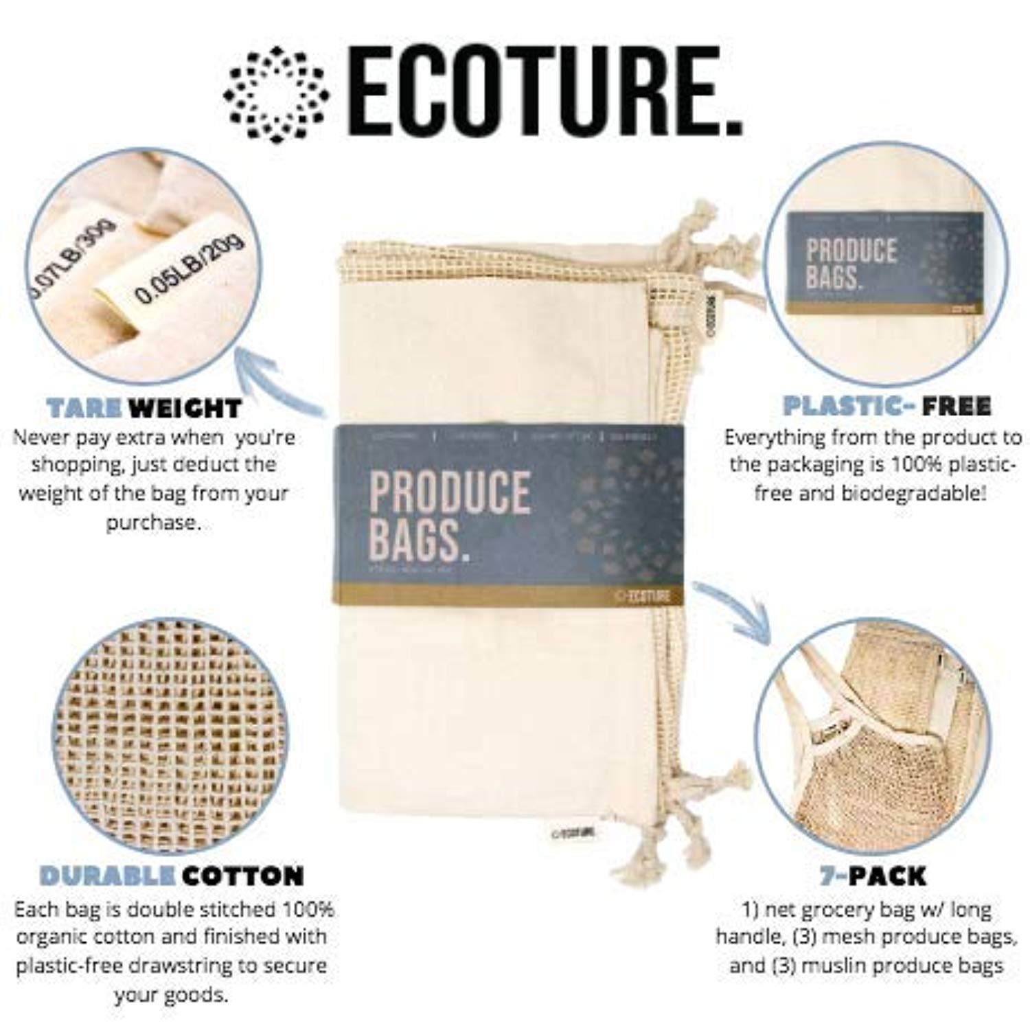 Ecoture Eco Friendly Reusable Produce Bags in Mesh and Muslin for Fruit and Vegetable - Eco Trade Company