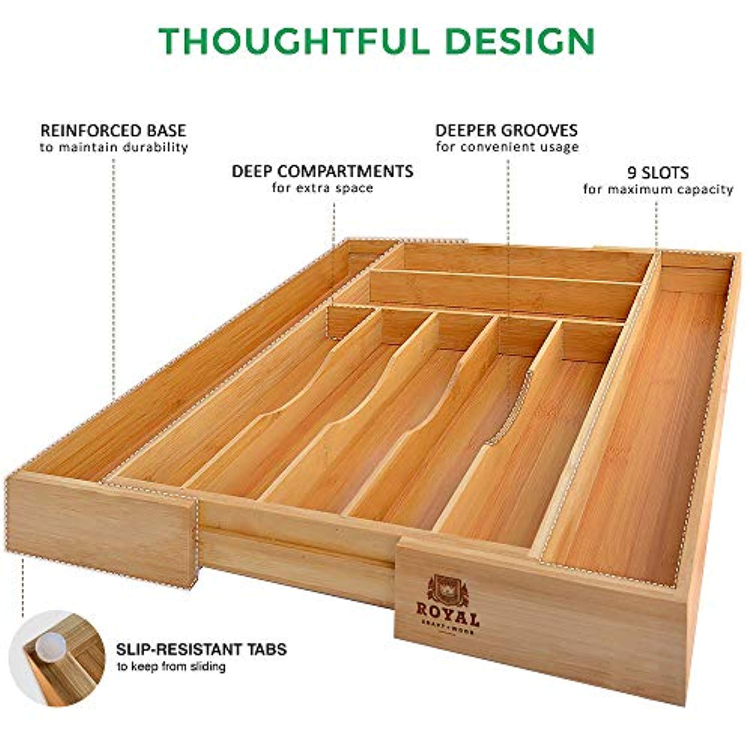 Bamboo Kitchen Drawer Organizer - Utensil Holder and Cutlery Tray with Grooved Drawer Dividers for Flatware and Kitchen Utensils - Eco Trade Company