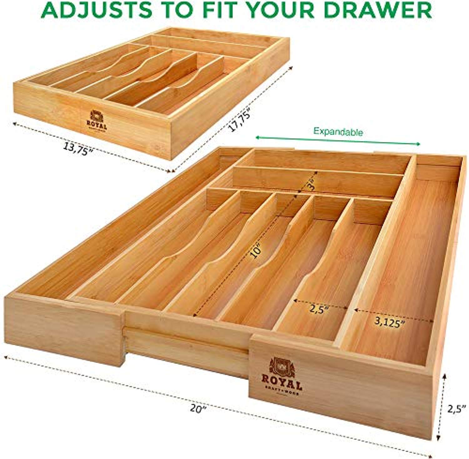 Bamboo Kitchen Drawer Organizer - Utensil Holder and Cutlery Tray with Grooved Drawer Dividers for Flatware and Kitchen Utensils - Eco Trade Company