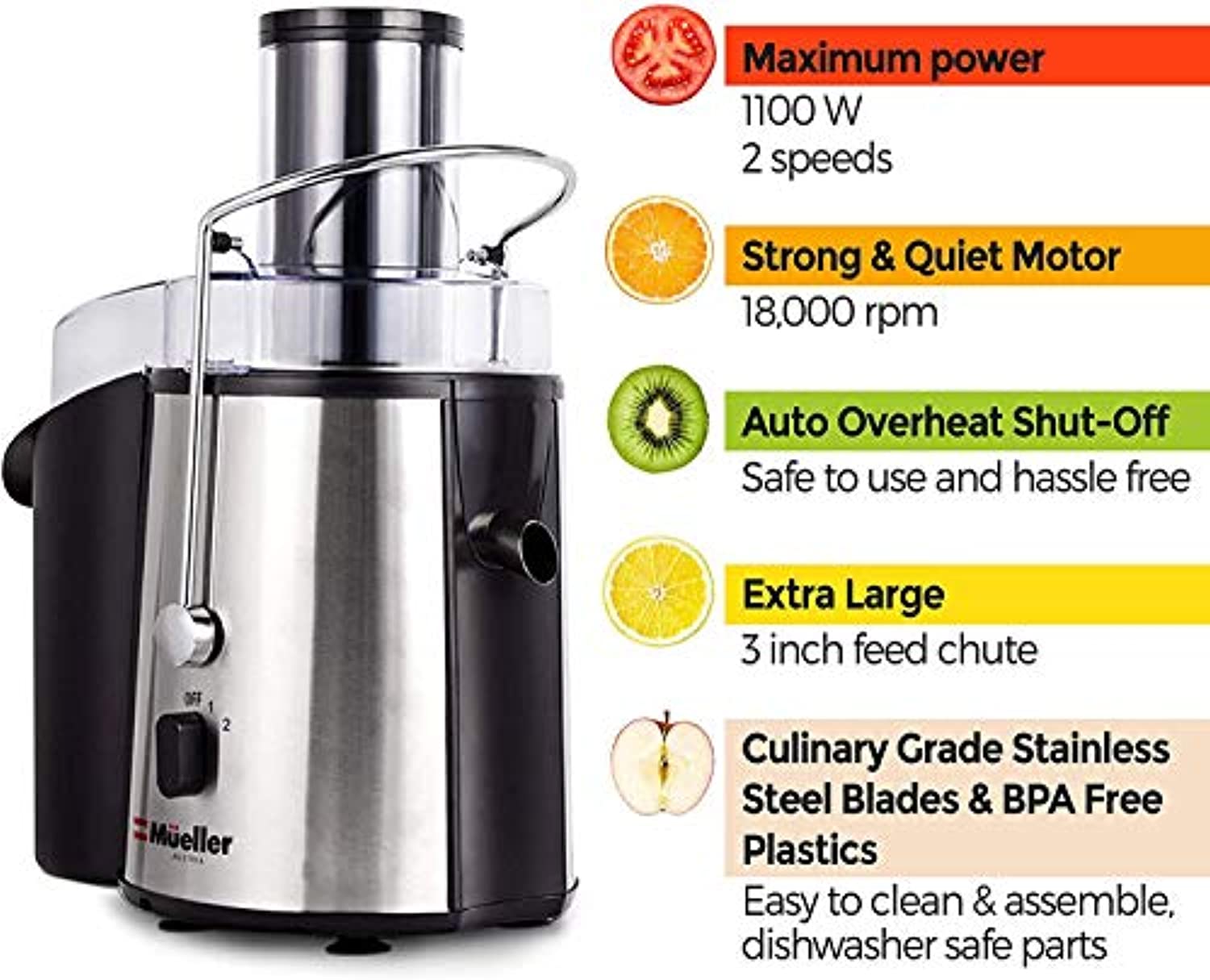 Juicer Ultra 1100W Power, Easy Clean Extractor Press Centrifugal Juicing Machine, Wide 3" Feed Chute for Whole Fruit, Anti-drip, High Quality - Eco Trade Company