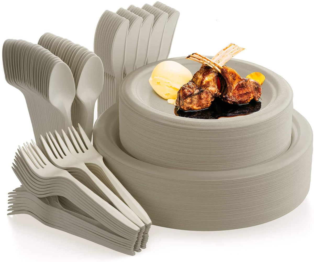 250 Pcs Disposable Dinnerware Set, Compostable Sugarcane Cutlery  Eco-Friendly