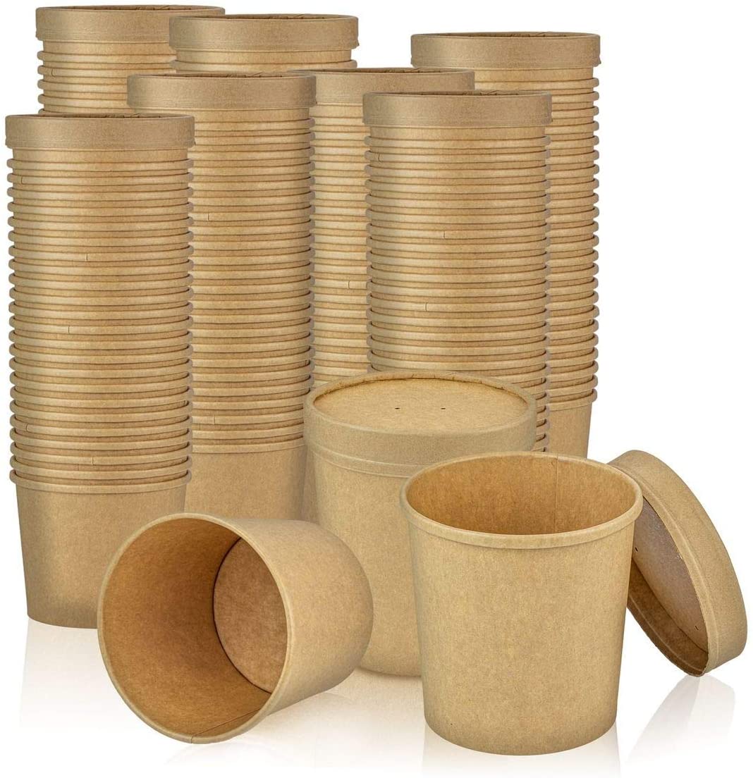 50 Pack, 12 oz Kraft Eco-friendly Compostable Paper Food Cup with Vented Lid, Hot or Cold Dish To Go Packaging, Ramen Soup Stews Salad Container - Eco Trade Company
