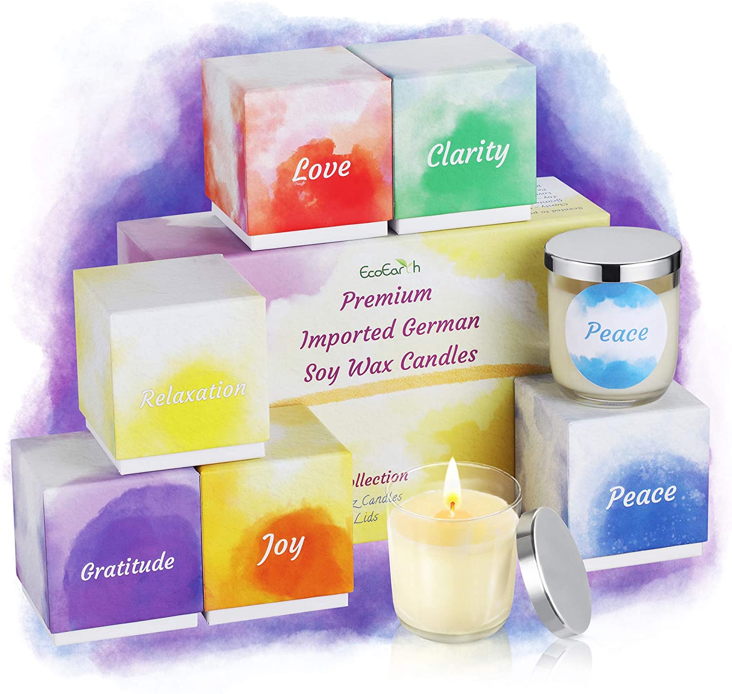 EcoEarth Deluxe Gift Candle Set, 6 oz 6 Pack Eco-Friendly Jar, Natural German Soy Wax Candles Scented w/ US Essential Oils for Stress Relief - Eco Trade Company