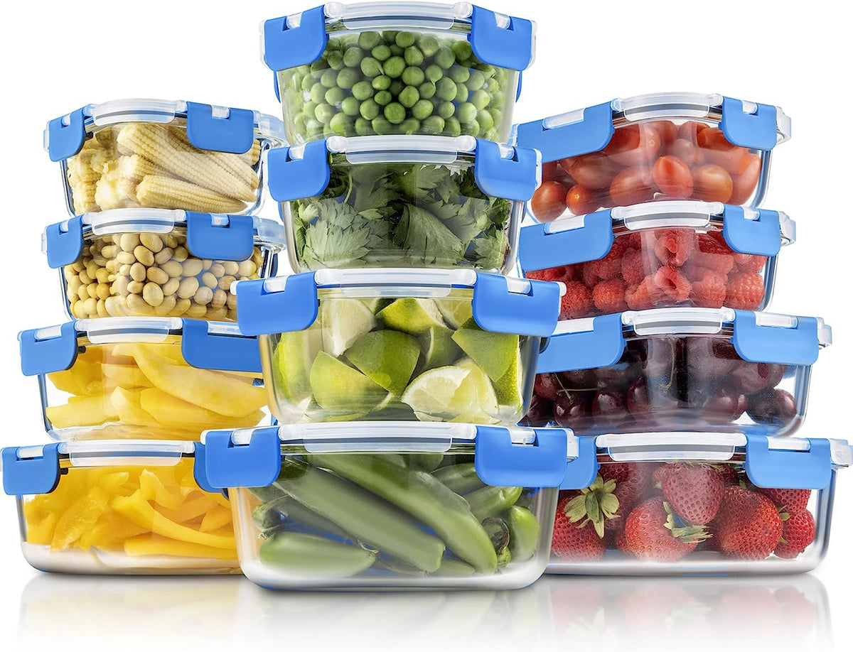  24-Piece Glass Food Storage Containers - Stackable Superior Glass  Meal-prep Containers w/ Newly Innovated Hinged BPA-Free 100% Leakproof  Locking Lids - Freezer-to-Oven-Safe - NutriChef NCGLBU (Blue) : Home &  Kitchen