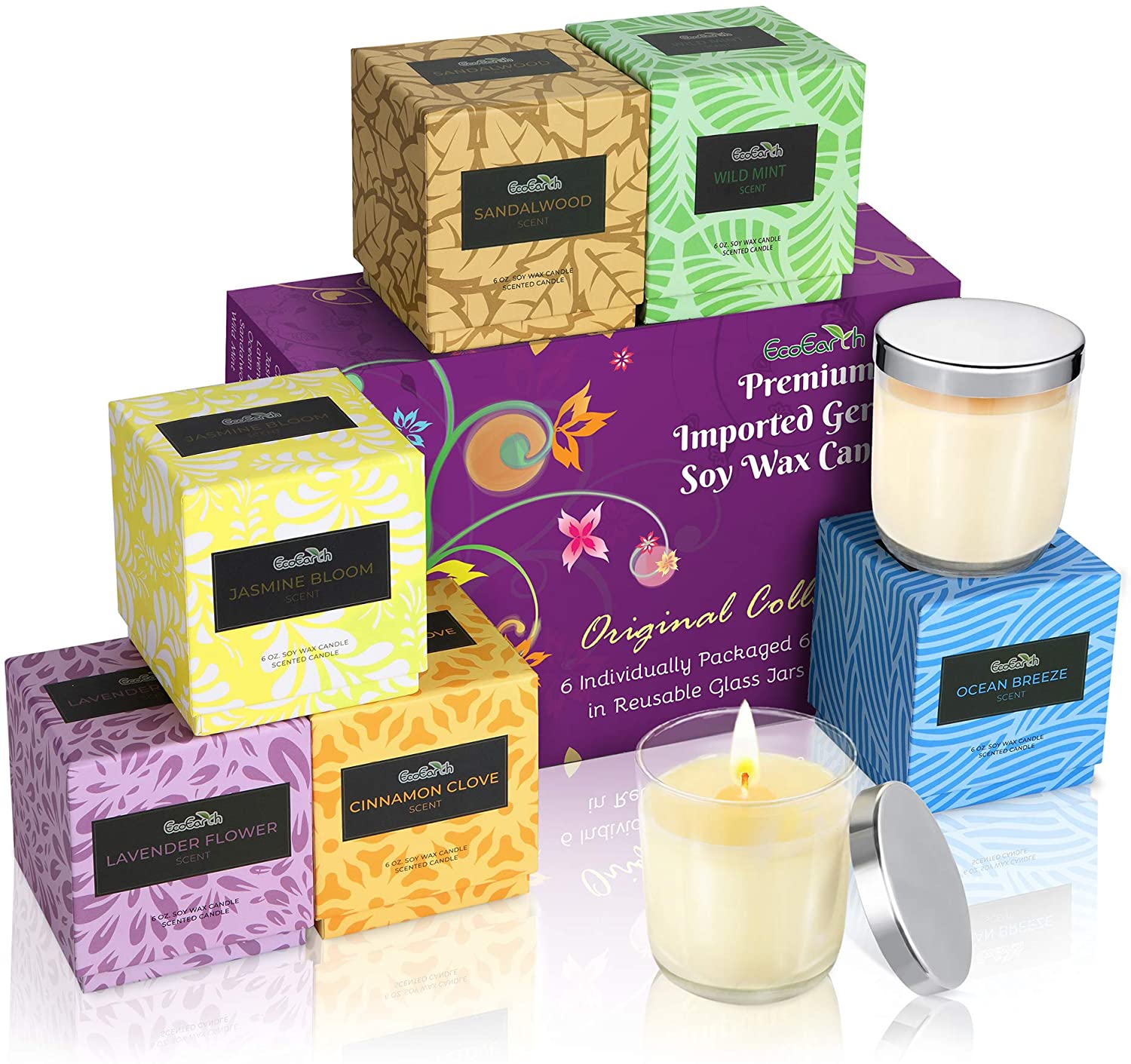 EcoEarth Deluxe Gift Candle Set, 6 oz 6 Pack Eco-Friendly Jar, Natural German Soy Wax Candles Scented w/ US Essential Oils for Stress Relief - Eco Trade Company