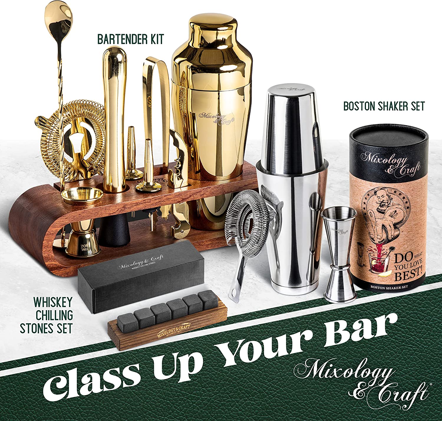 Bartender Kit: 10-Piece Bar Set Cocktail Shaker Set with Stylish Wooden Stand - Eco Trade Company