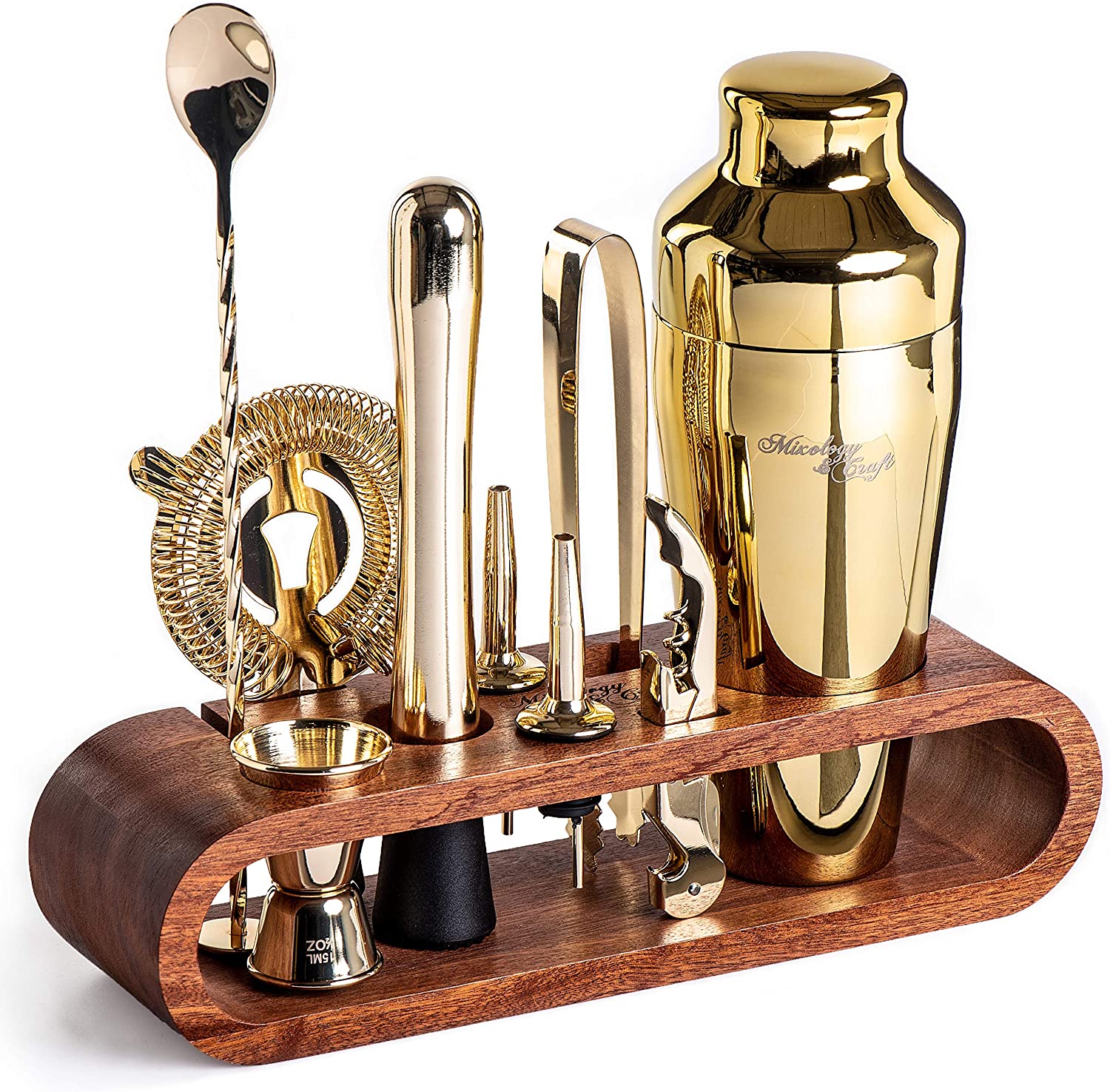 Bartender Kit: 10-Piece Bar Set Cocktail Shaker Set with Stylish Wooden Stand - Eco Trade Company