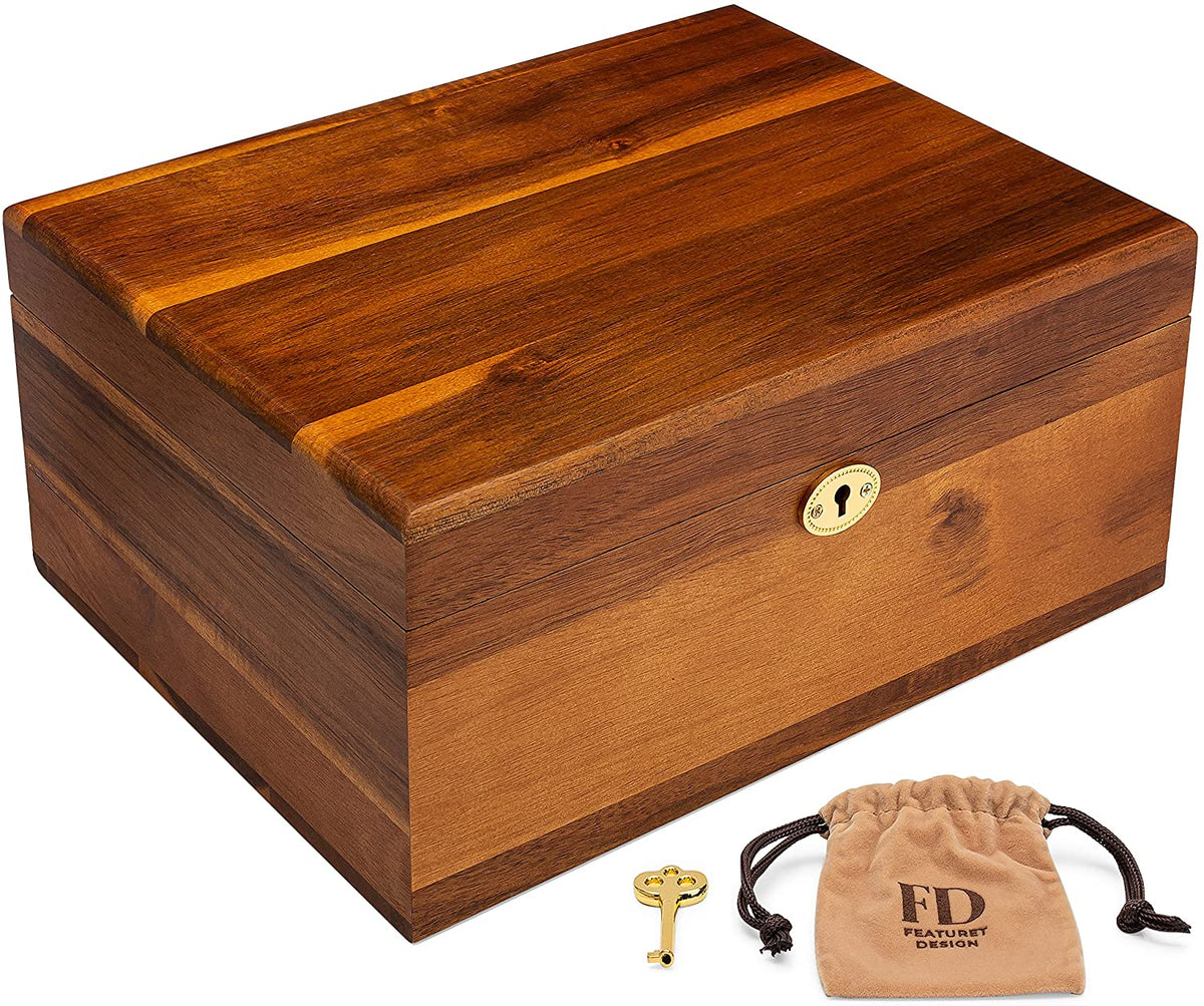 Wooden Storage Box with Hinged Lid and Locking Key, 11 X 8.5 X 5 Inches