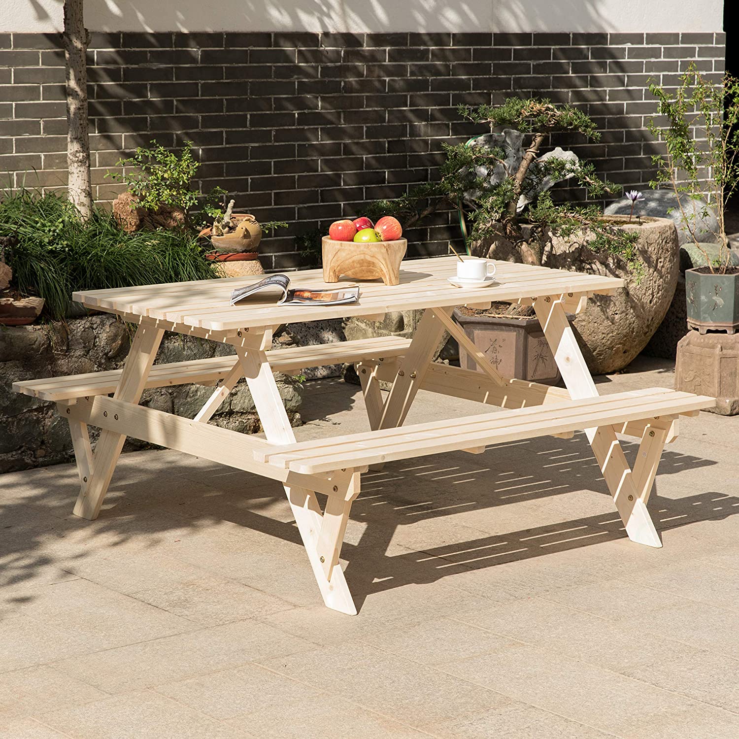 Natural Outdoor Wooden Patio Deck 6-Person Picnic Table, for Backyard, Garden - Eco Trade Company