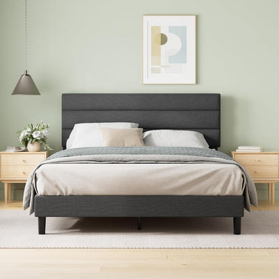 Queen Upholstered Platform Bed: Horizontal Headboard, Wooden Slats, No Box Spring Needed, Easy Assembly, Eco-Friendly, Dark Grey - Eco Trade Company