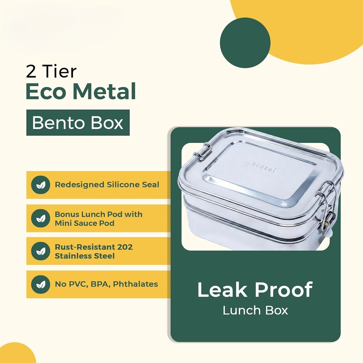 Stainless Steel Lunch Box, Leak Proof, 2 Tier Rectangle with Bonus Pod - Eco Trade Company