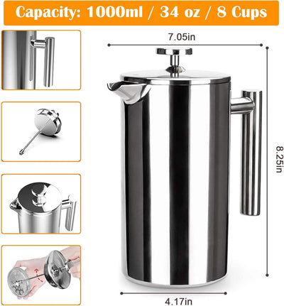 French Press Coffee Maker, Double Insulated 304 Stainless Steel Coffee Tea Maker 4 Level Filtration System, No Coffee Grounds, Rust-Free, Dishwasher Safe - Eco Trade Company