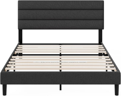 Queen Upholstered Platform Bed: Horizontal Headboard, Wooden Slats, No Box Spring Needed, Easy Assembly, Eco-Friendly, Dark Grey - Eco Trade Company