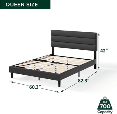 Queen Upholstered Platform Bed: Horizontal Headboard, Wooden Slats, No Box Spring Needed, Easy Assembly, Eco-Friendly, Dark Grey - Eco Trade Company