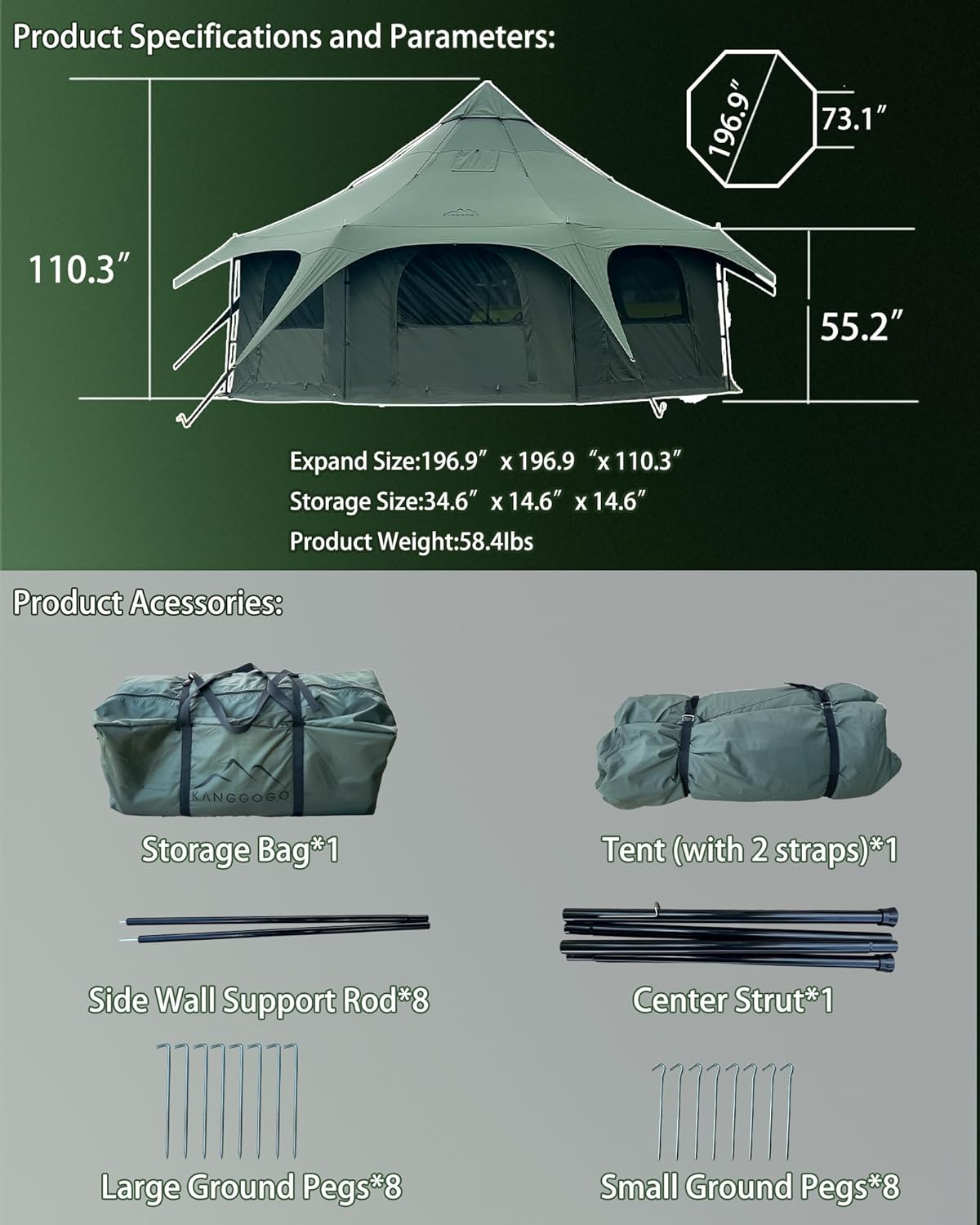 Cotton Canvas Tent Bell - Breathable and Windproof Family Camping Tents Glamping for 6/8/10 Person