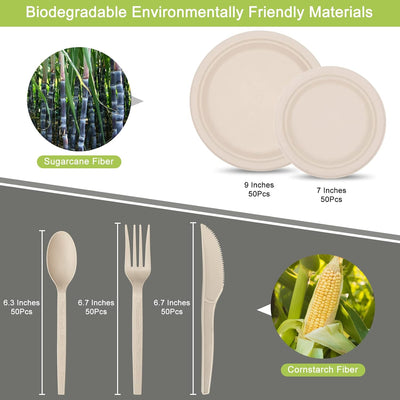 250 Pcs Disposable Dinnerware Set, Compostable Sugarcane Cutlery Eco-Friendly - Eco Trade Company