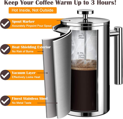 French Press Coffee Maker, Double Insulated 304 Stainless Steel Coffee Tea Maker 4 Level Filtration System, No Coffee Grounds, Rust-Free, Dishwasher Safe - Eco Trade Company