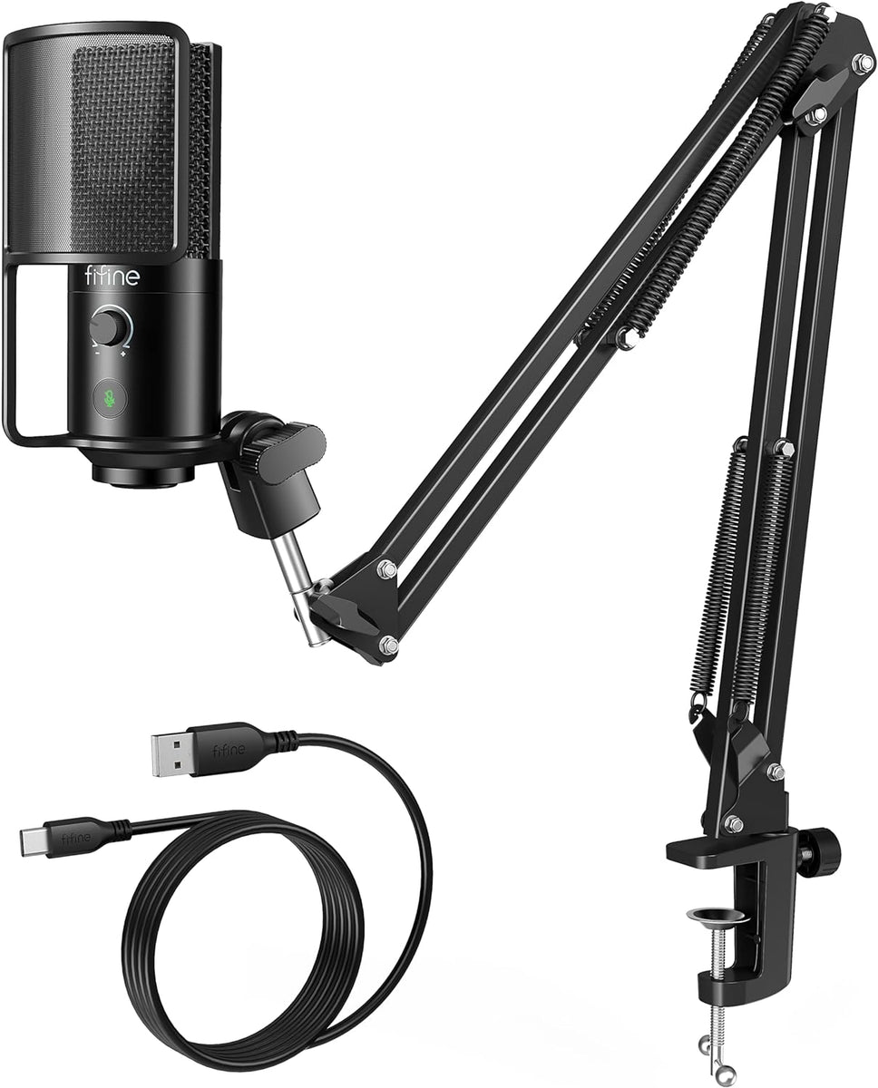 Studio Condenser USB Microphone, Computer PC Microphone Kit with Adjustable Boom Arm Stand Shock