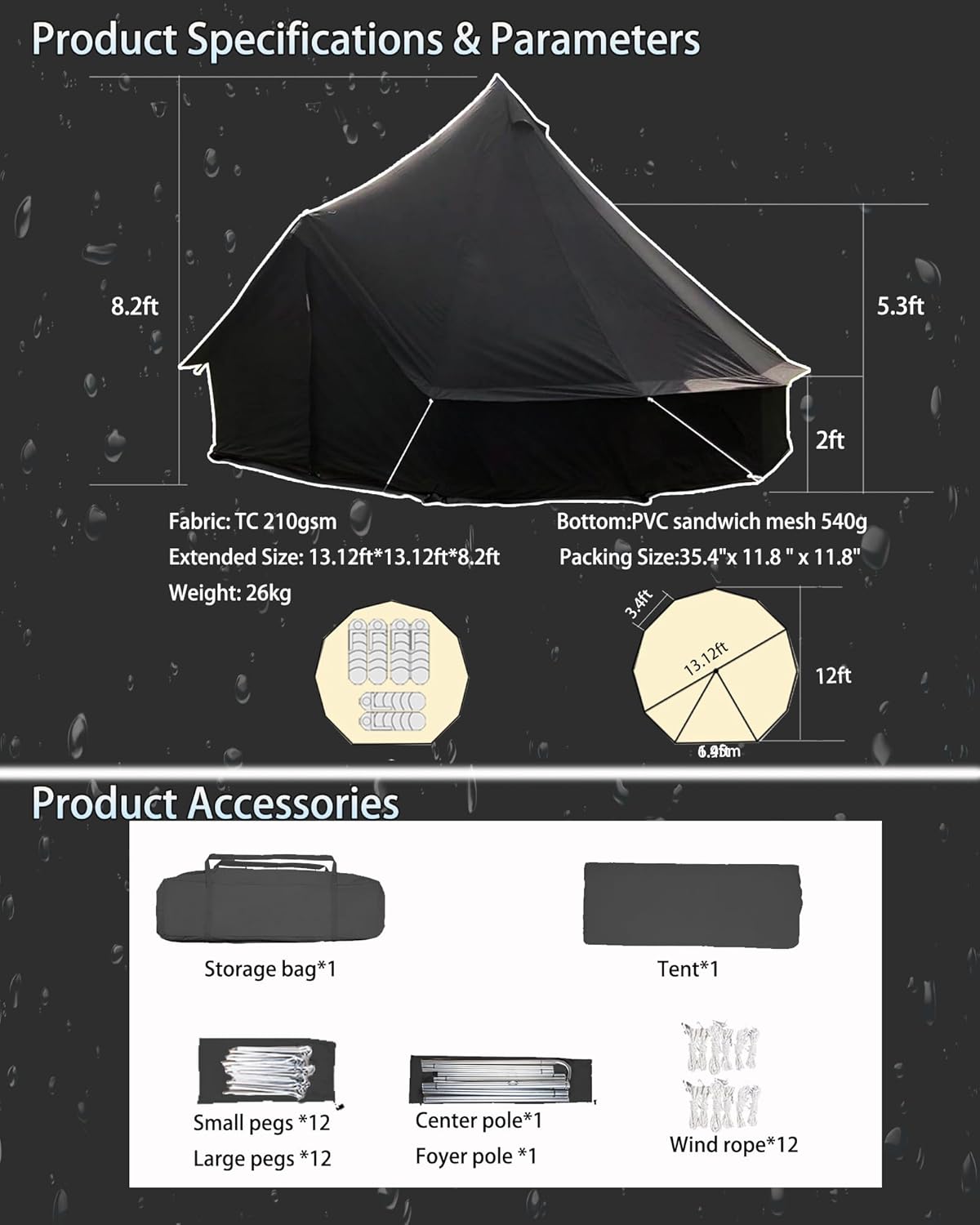 Cotton Canvas Tent Bell - Breathable and Windproof Family Camping Tents Glamping for 6/8/10 Person