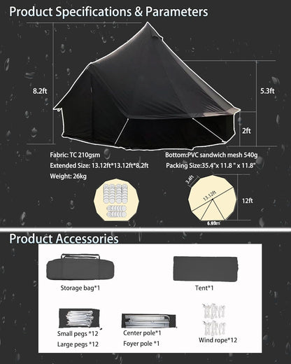 Cotton Canvas Tent Bell - Breathable and Windproof Family Camping Tents Glamping for 6/8/10 Person