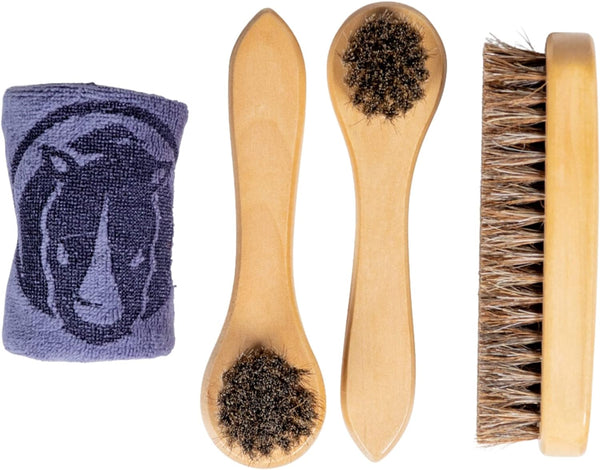 Shoe and Boot Brush Kit 4 Pcs - Genuine Soft Horsehair Brush Bristles and Microfiber Cloth - Eco Trade Company