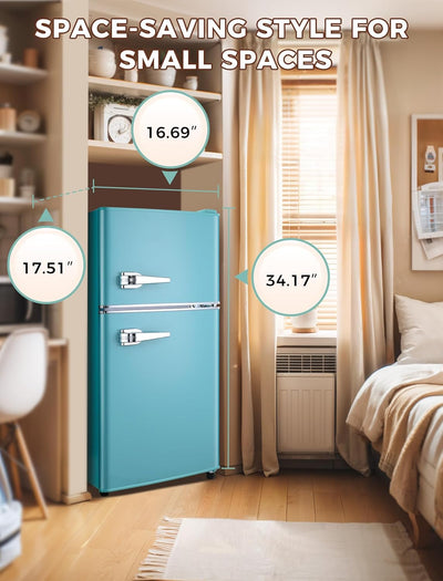 Retro 3.2 Cu. Ft. Compact Refrigerator with Freezer – Double Door Design, 7 Temperature Settings, Adjustable Glass Shelves – Perfect for Dorms, Offices & Apartments (Blue) - Eco Trade Company