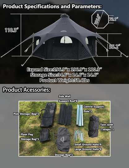 Cotton Canvas Tent Bell - Breathable and Windproof Family Camping Tents Glamping for 6/8/10 Person