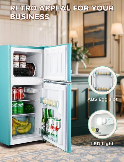 Retro 3.2 Cu. Ft. Compact Refrigerator with Freezer – Double Door Design, 7 Temperature Settings, Adjustable Glass Shelves – Perfect for Dorms, Offices & Apartments (Blue) - Eco Trade Company
