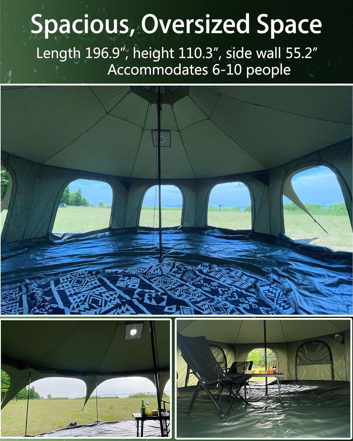 Cotton Canvas Tent Bell - Breathable and Windproof Family Camping Tents Glamping for 6/8/10 Person