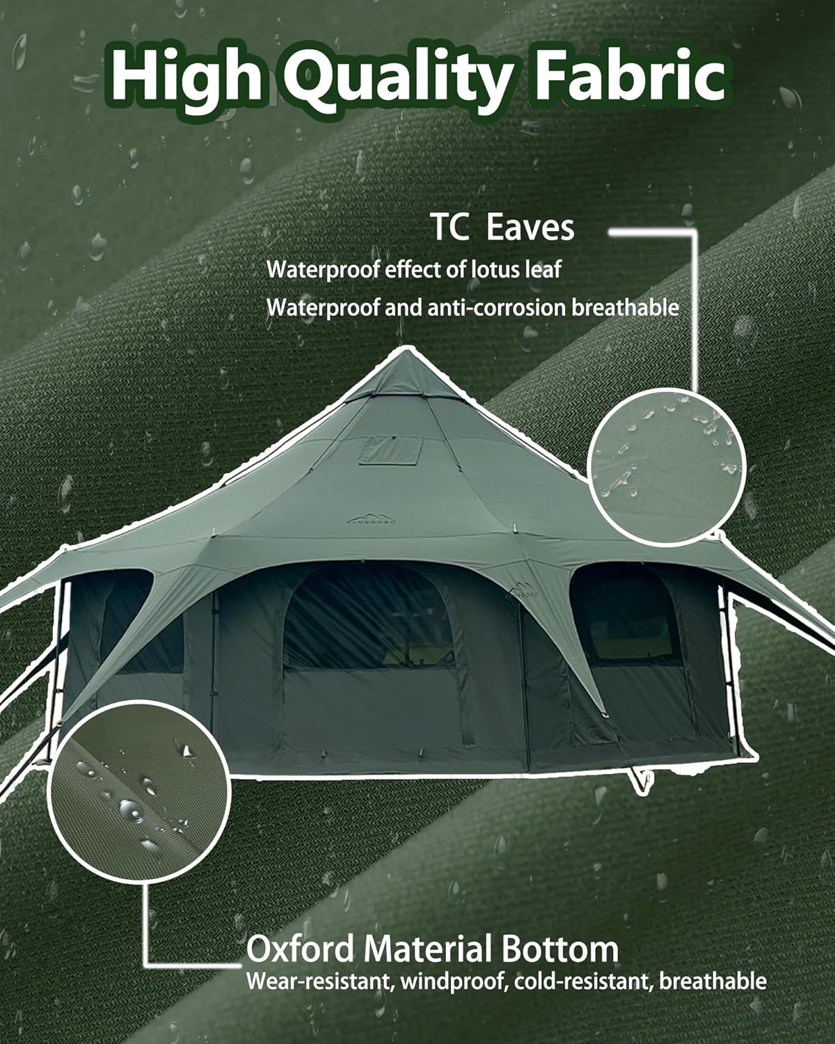 Cotton Canvas Tent Bell - Breathable and Windproof Family Camping Tents Glamping for 6/8/10 Person