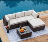 5-Piece Outdoor Furniture All-Weather Mottlewood Brown Wicker Sectional Sofa w Warm Gray Thick Cushions, Glass-Top Coffee Table, Patio - Eco Trade Company