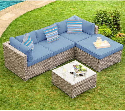 5-Piece Outdoor Furniture All-Weather Mottlewood Brown Wicker Sectional Sofa w Warm Gray Thick Cushions, Glass-Top Coffee Table, Patio - Eco Trade Company