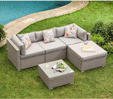 5-Piece Outdoor Furniture All-Weather Mottlewood Brown Wicker Sectional Sofa w Warm Gray Thick Cushions, Glass-Top Coffee Table, Patio - Eco Trade Company