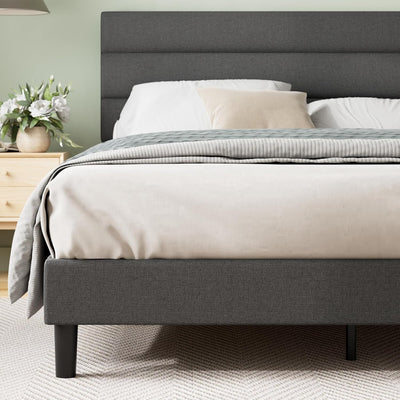 Queen Upholstered Platform Bed: Horizontal Headboard, Wooden Slats, No Box Spring Needed, Easy Assembly, Eco-Friendly, Dark Grey - Eco Trade Company