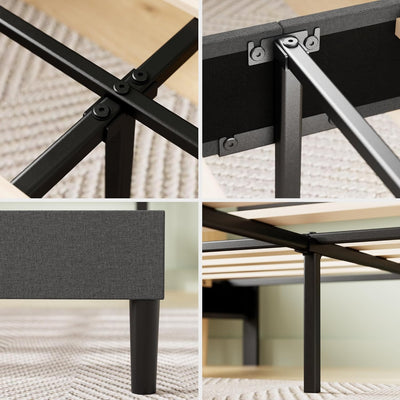 Queen Upholstered Platform Bed: Horizontal Headboard, Wooden Slats, No Box Spring Needed, Easy Assembly, Eco-Friendly, Dark Grey - Eco Trade Company