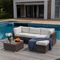 5-Piece Outdoor Furniture All-Weather Mottlewood Brown Wicker Sectional Sofa w Warm Gray Thick Cushions, Glass-Top Coffee Table, Patio - Eco Trade Company